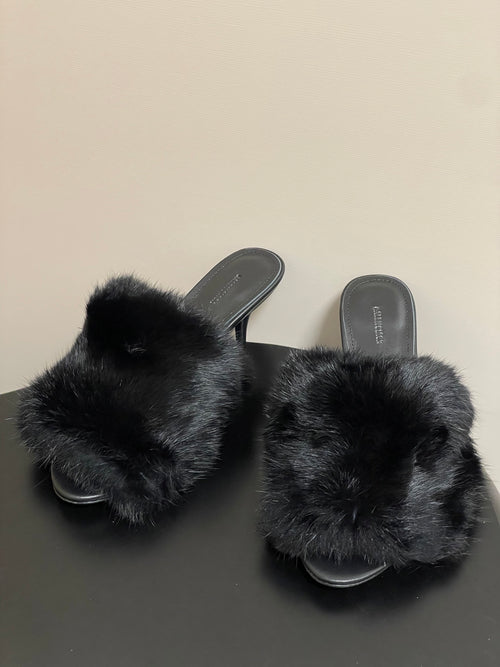BLACK FUR STRAP MULE HEELS