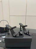 BLACK PATENT STRAPPY HEELS WITH LOGO HEEL