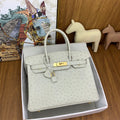 LUXURY PEARL WHITE OSTRICH TEXTURED TOP HANDLE BAG