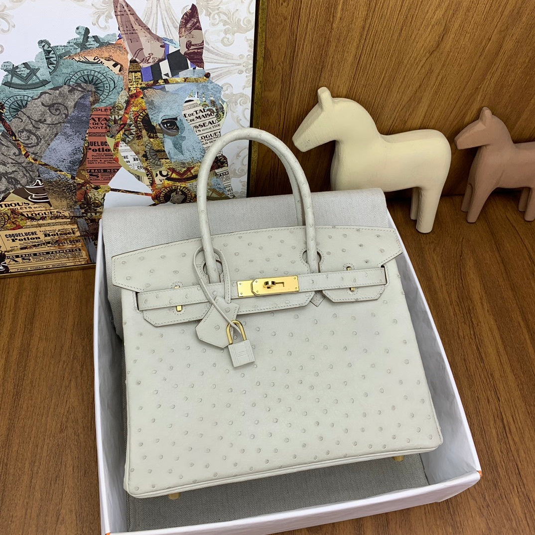 LUXURY PEARL WHITE OSTRICH TEXTURED TOP HANDLE BAG