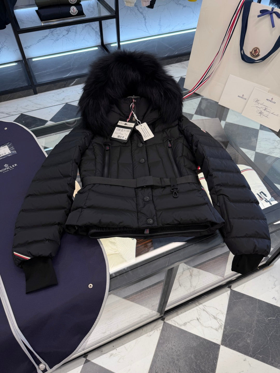 FUR HOODED BELTED PUFFER DOWN JACKET