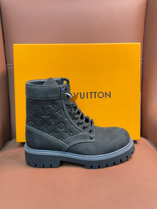 BLACK MONOGRAM SUEDE COMBAT BOOTS