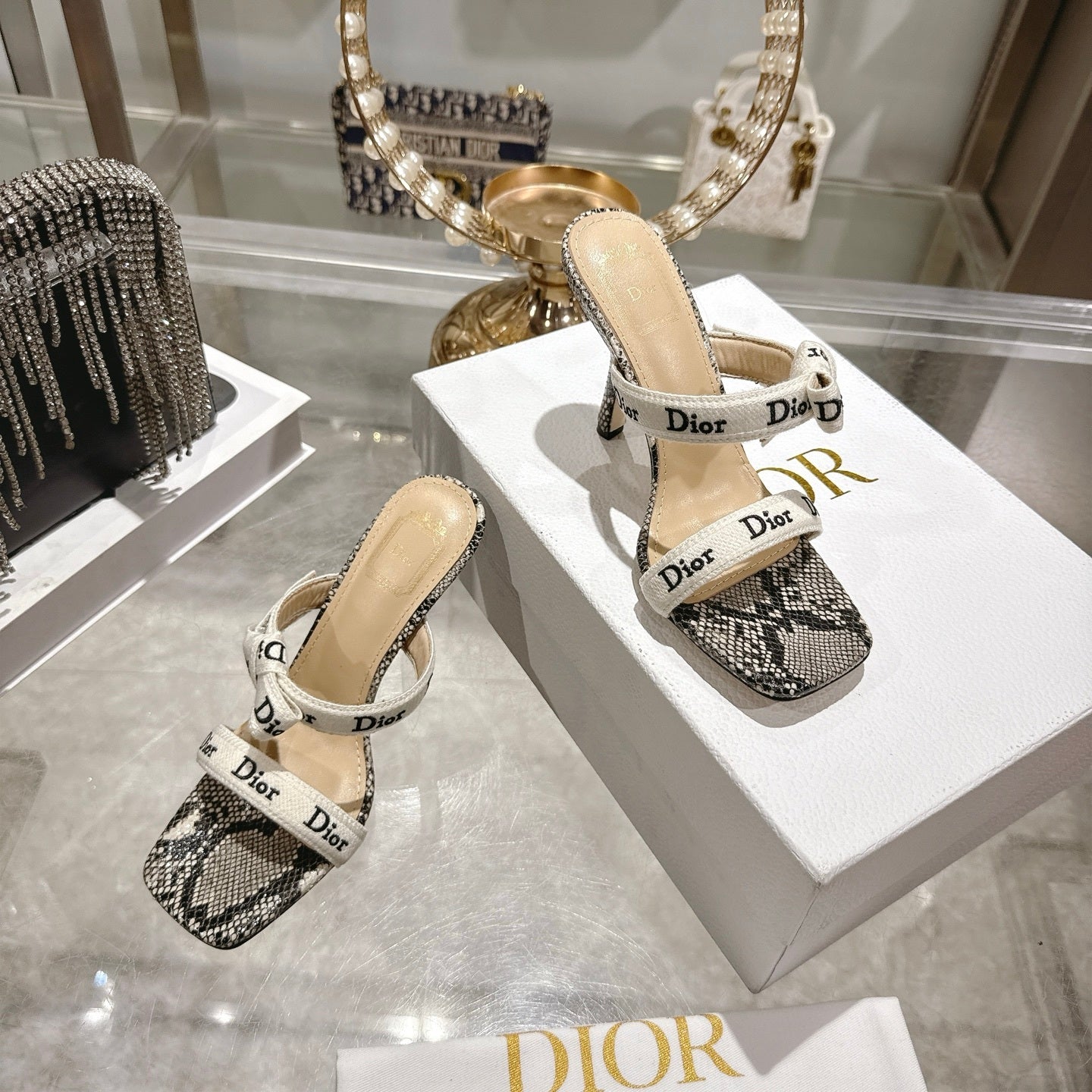 SNAKESKIN PRINT LOGO STRAP BOW HEEL SANDALS