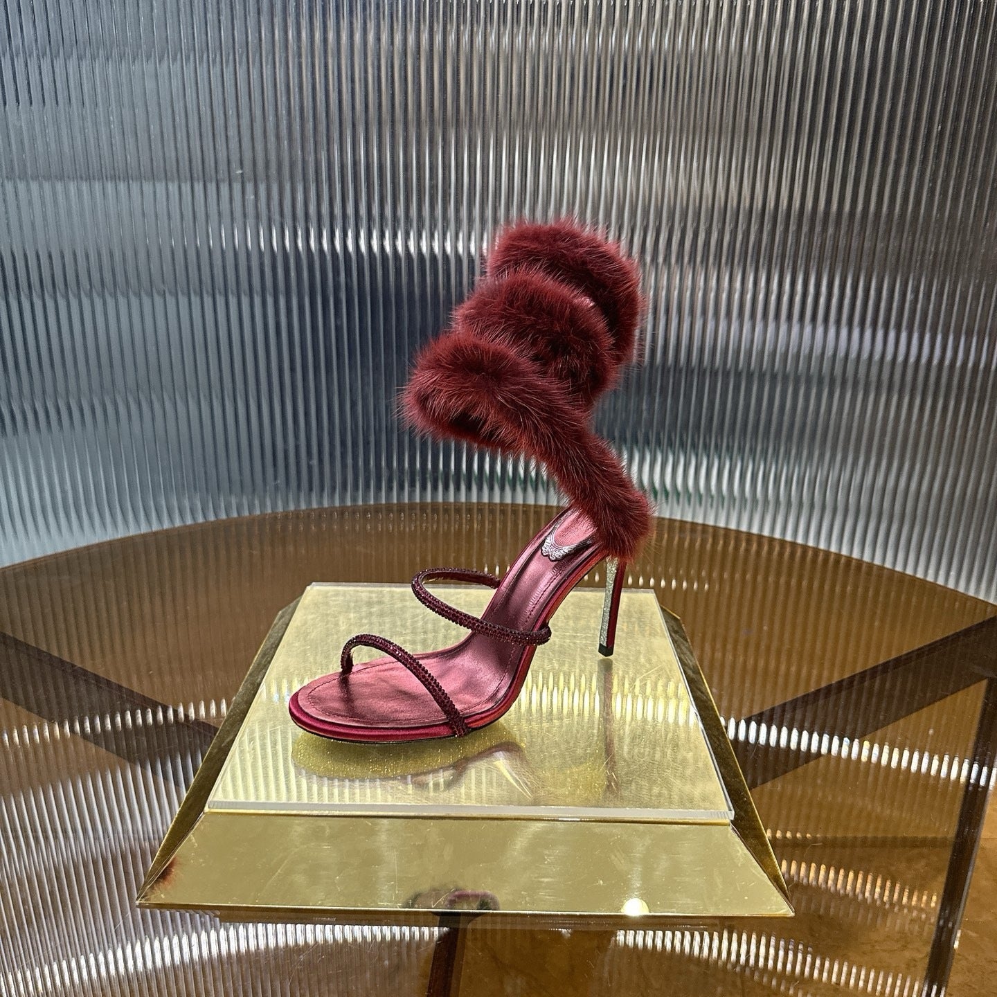 BURGUNDY FUR SPIRAL STILETTO HEELS