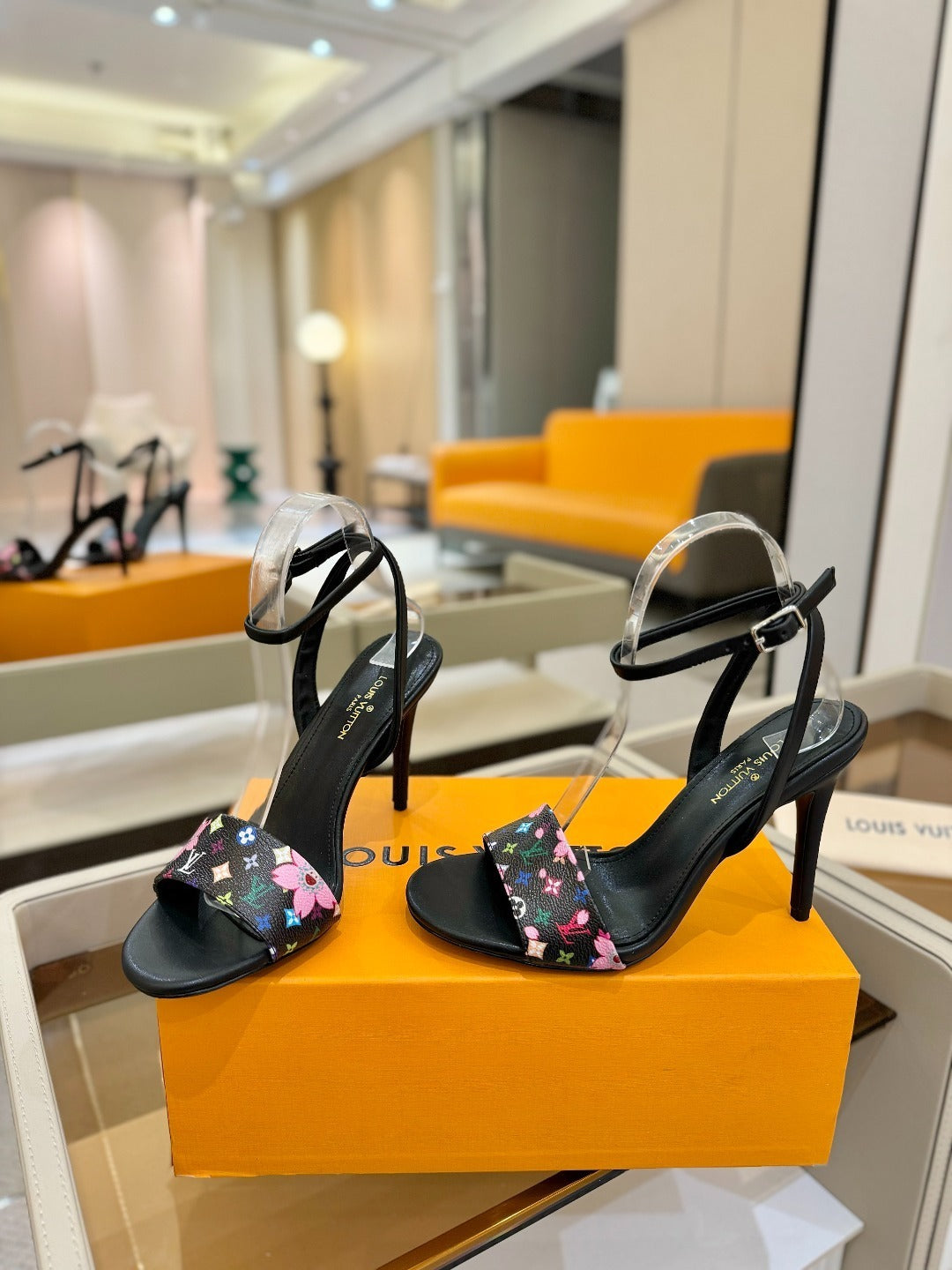 FLORAL MONOGRAM STRAP STILETTO SANDALS – BLACK