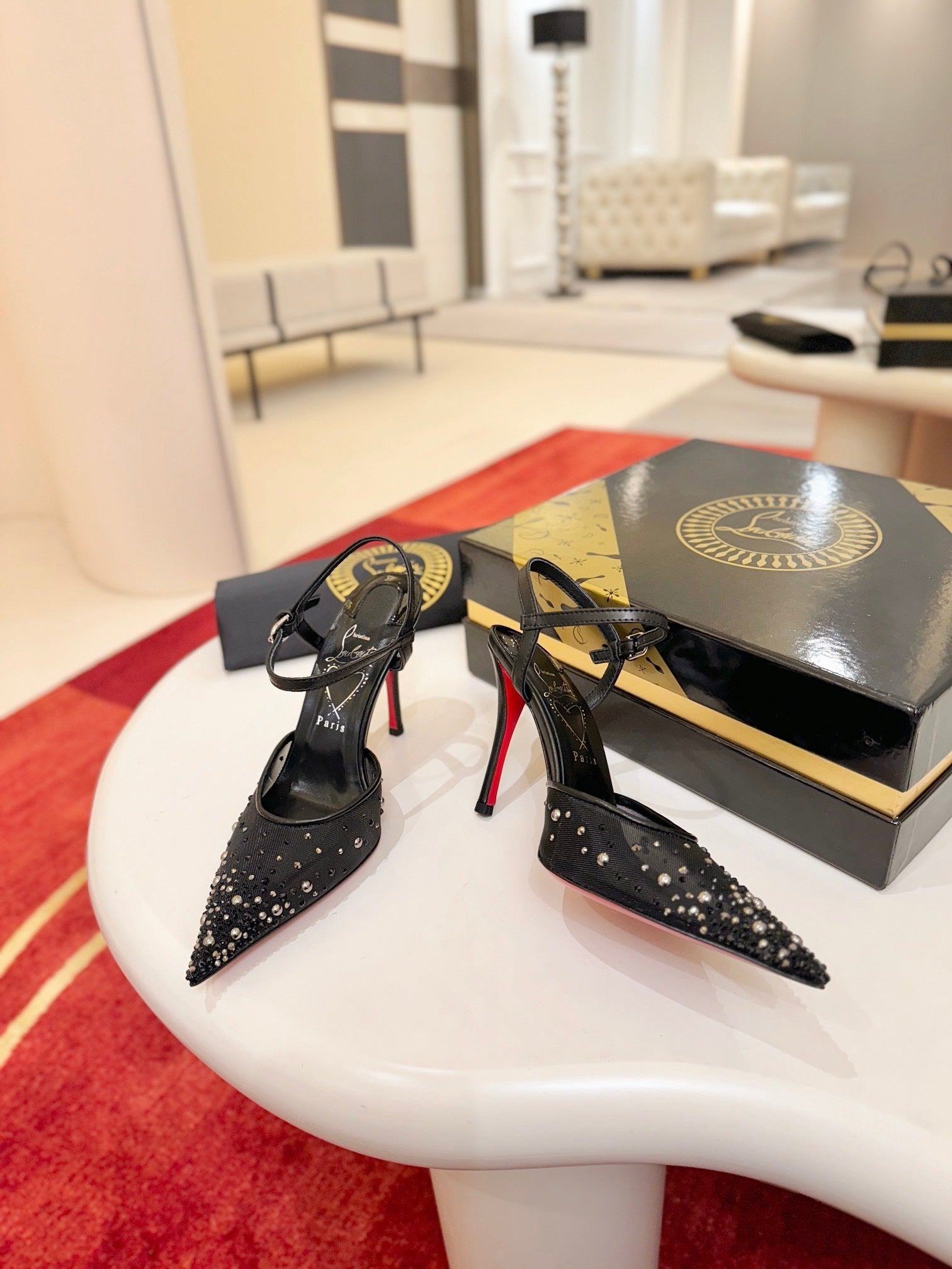 BLACK EMBELLISHED STRAP POINTED HEELS