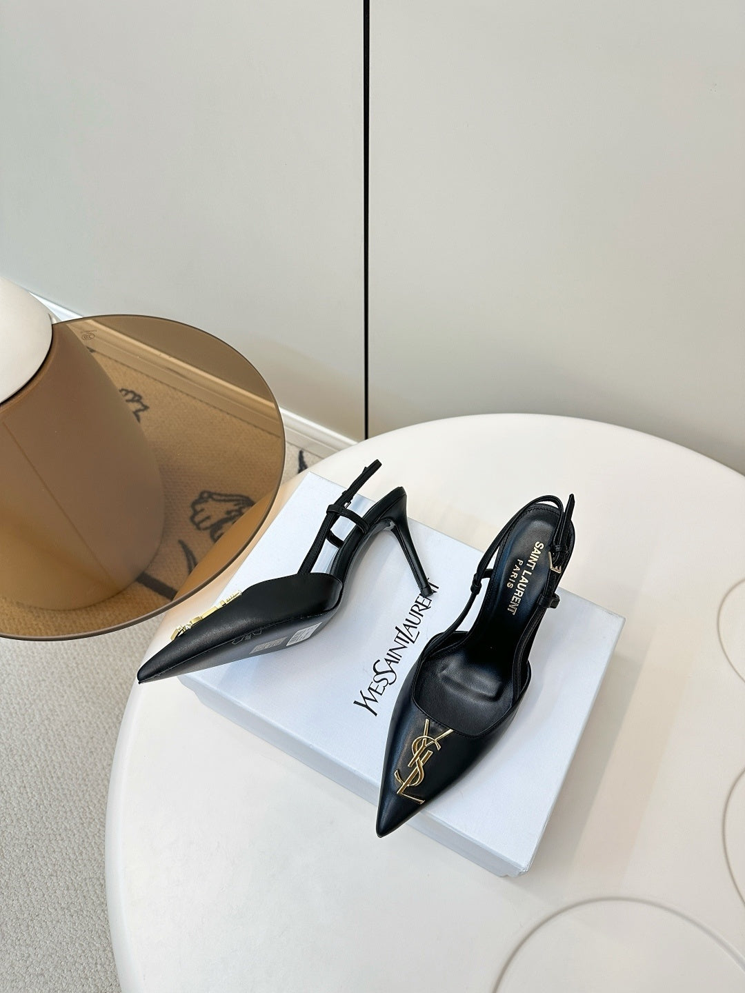 BLACK POINTED TOE SLINGBACK HEELS WITH GOLD DETAIL