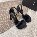 BLACK HIGH HEEL SANDALS WITH FUR DETAIL