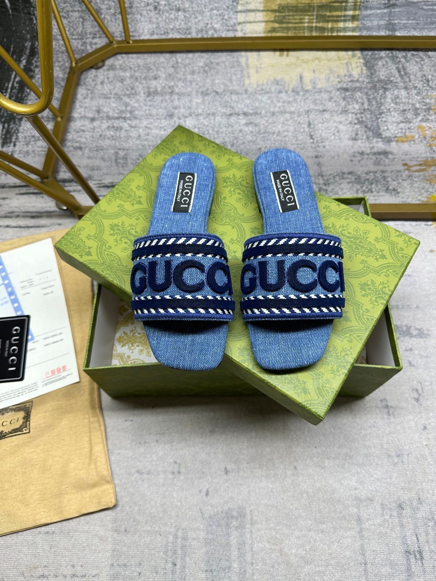 DENIM SLIDE SANDALS WITH EMBROIDERED LOGO STRAP