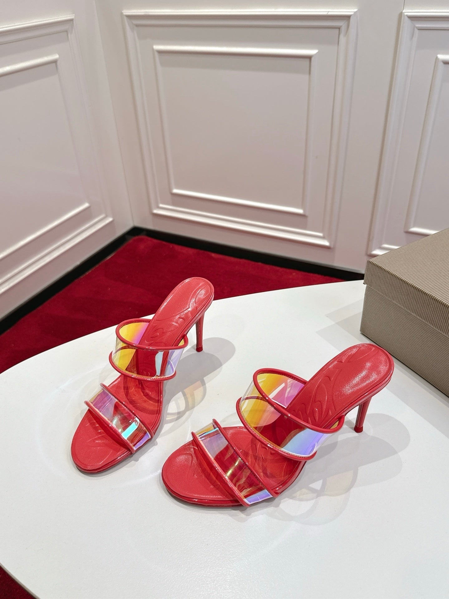 RED TRANSPARENT STRAP MULE HEELS