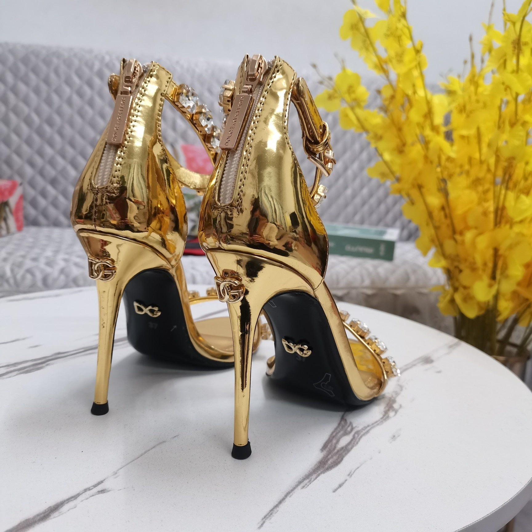 GOLD METALLIC STRAPPY HEEL SANDALS WITH CRYSTAL EMBELLISHMENTS