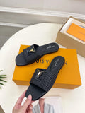 WOVEN TEXTURE MONOGRAM DETAIL SLIDE SANDALS – BLACK