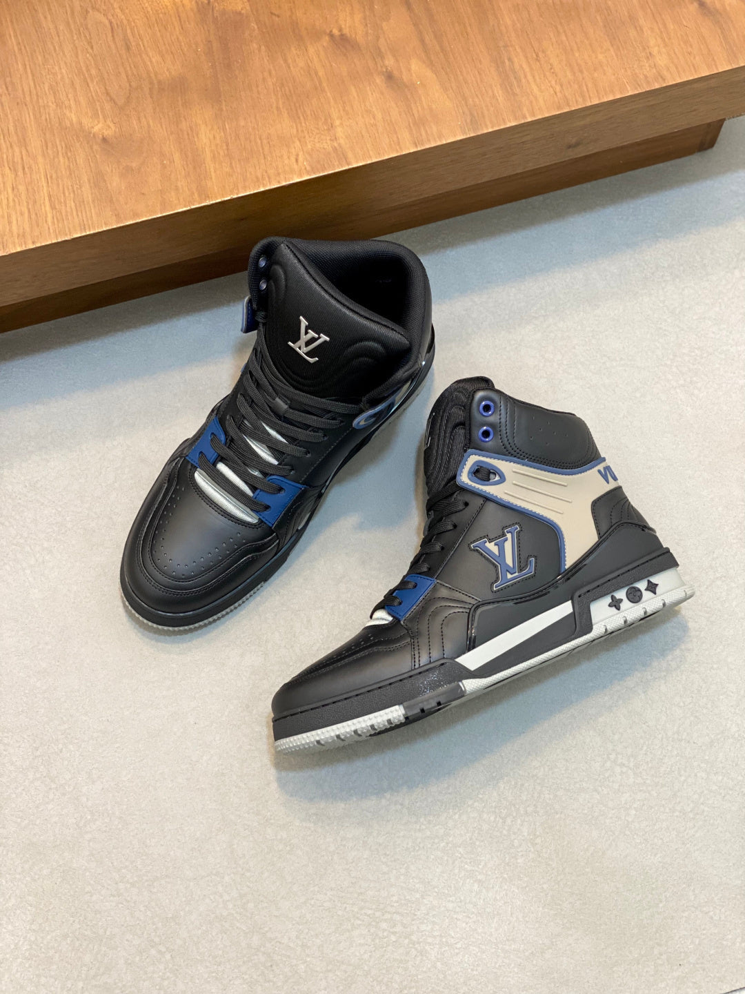BLACK & GREY HIGH-TOP DESIGNER SNEAKERS WITH BLUE ACCENTS