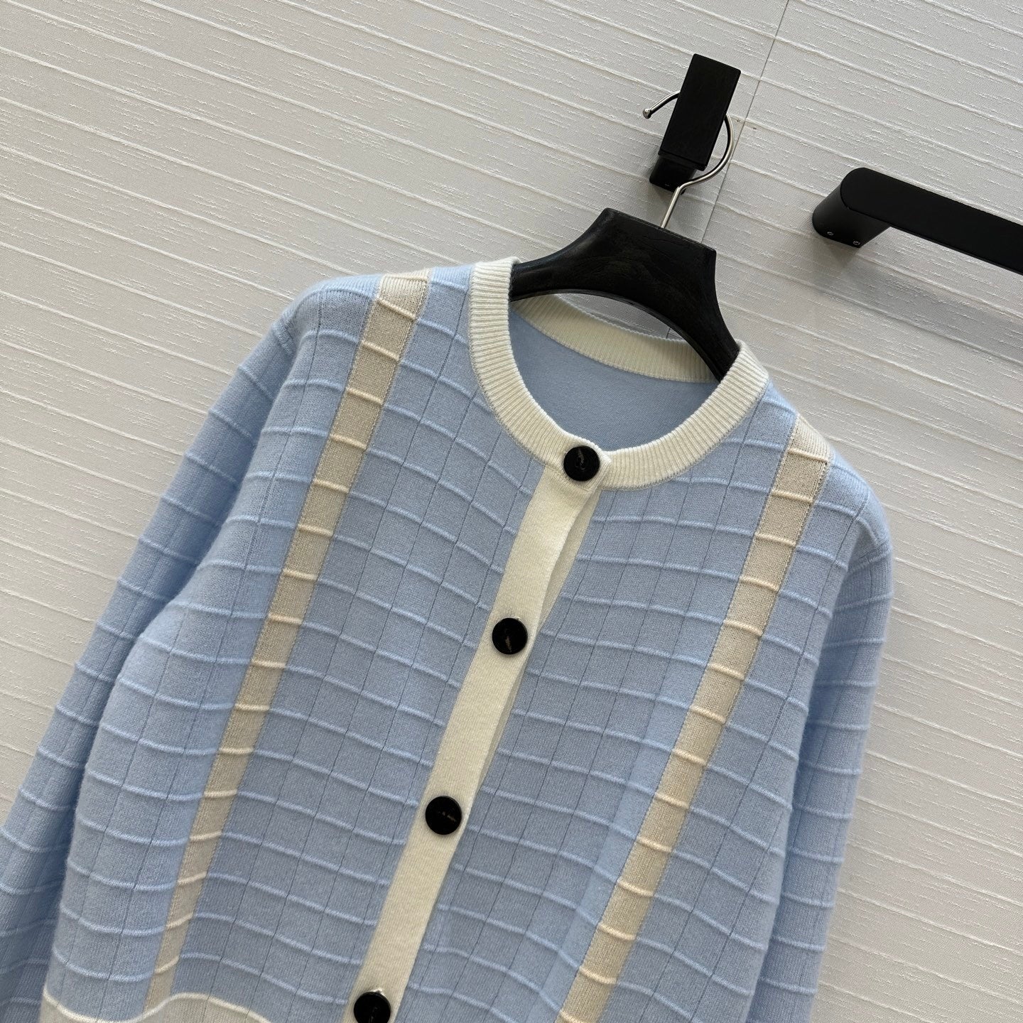 SOFT BLUE TEXTURED CARDIGAN WITH CONTRAST BUTTONS