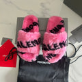 PINK FAUX FUR LOGO SLIDE SANDALS