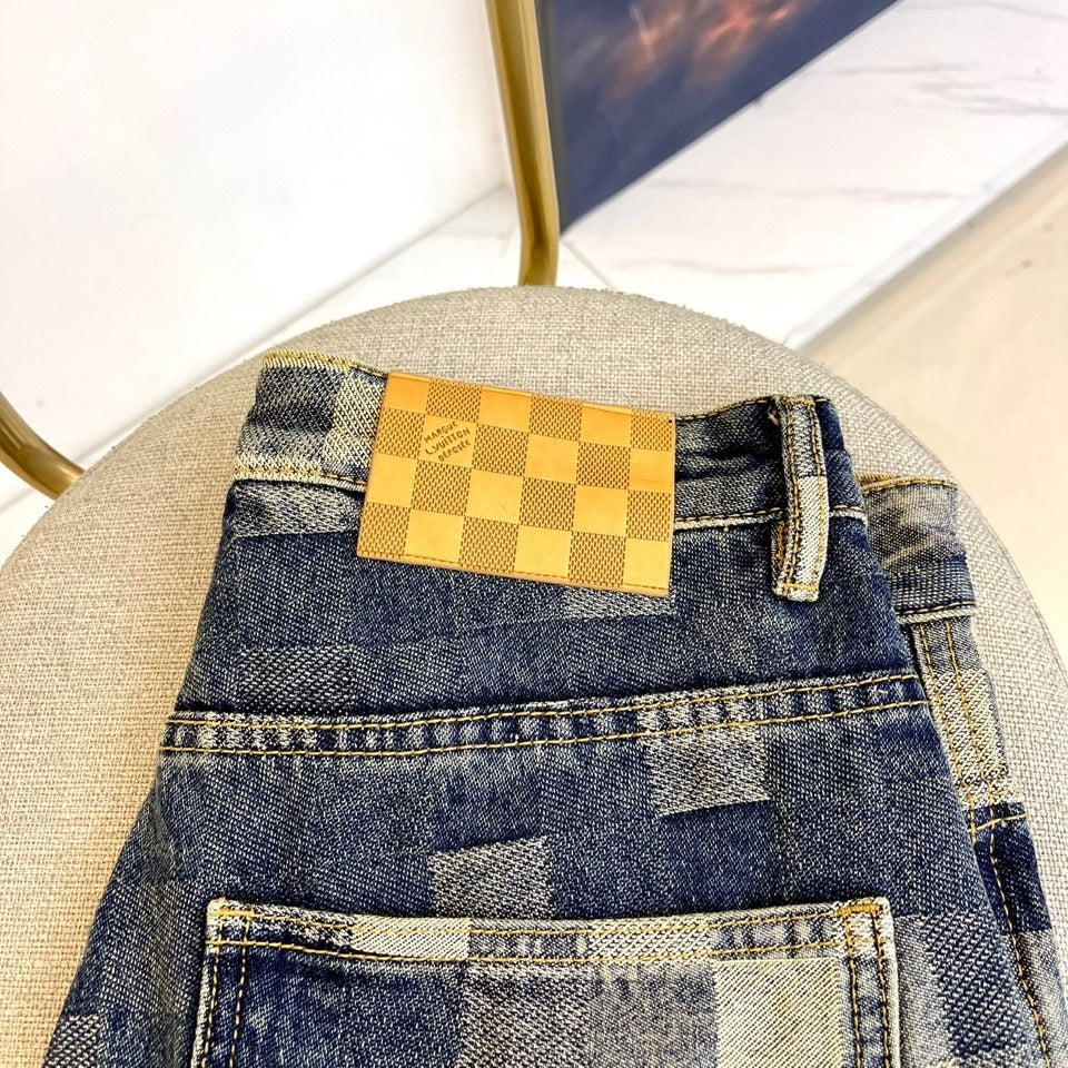 CHECKERED DENIM STRAIGHT-LEG JEANS