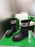 BLACK LEATHER BOOTS WITH FLEECE CUFF AND CHUNKY SOLE