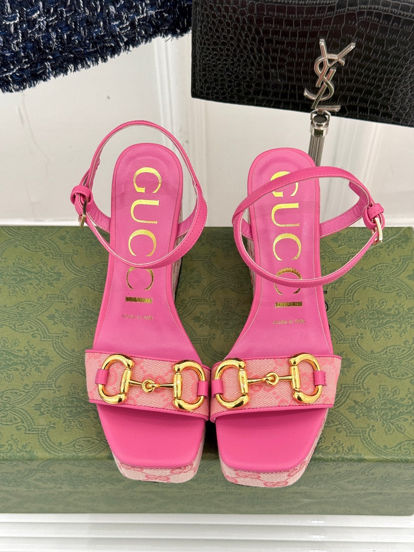 PINK MONOGRAM PLATFORM WEDGE SANDALS