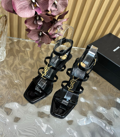 BLACK MULTI-STRAP HIGH HEEL SANDALS WITH GOLD LOGO DETAIL