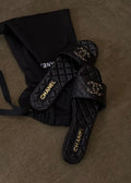 BLACK QUILTED CHAIN DETAIL SLIDE SANDALS