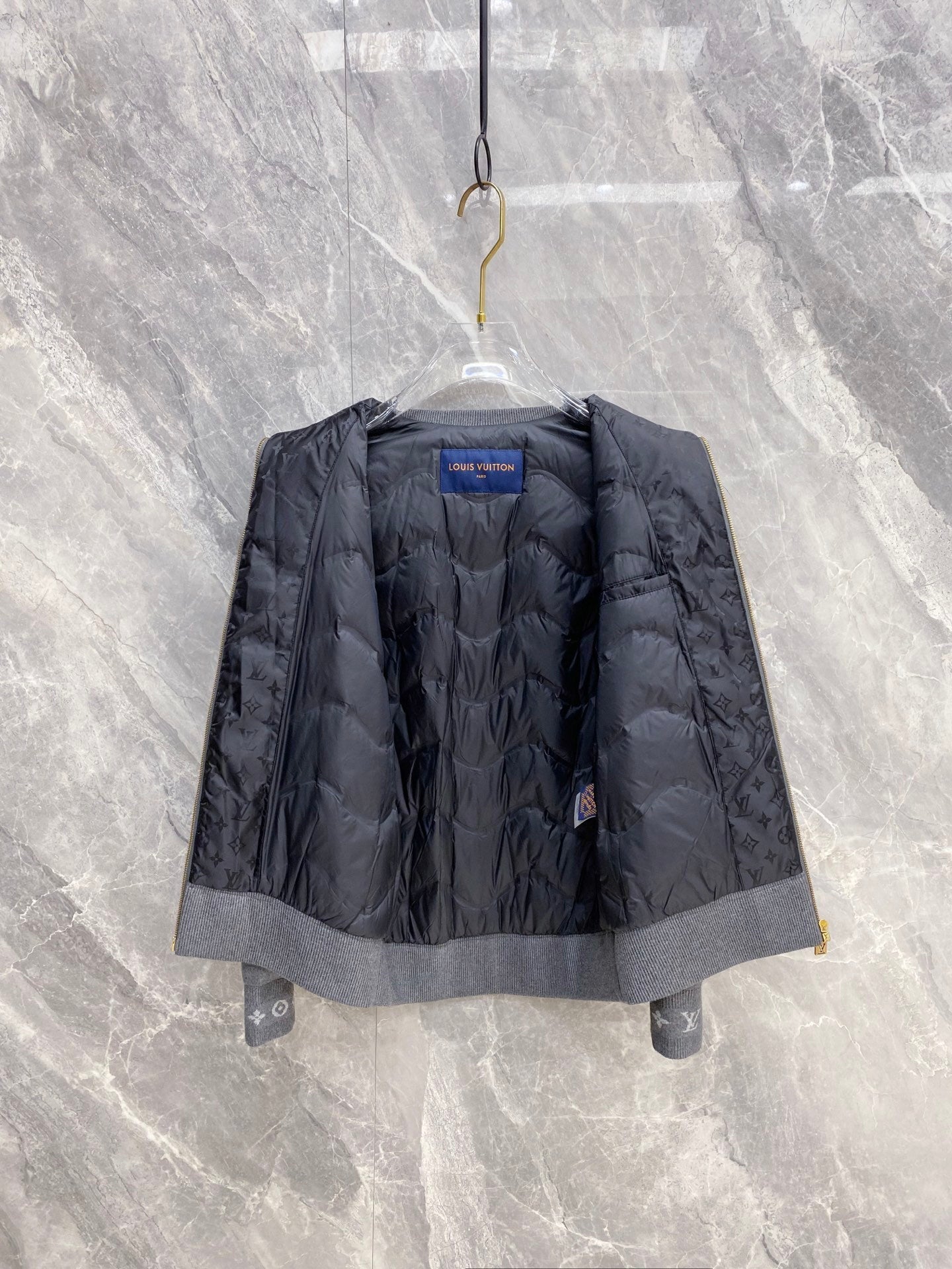 GREY ZIP-UP BOMBER JACKET WITH KNIT DETAILS