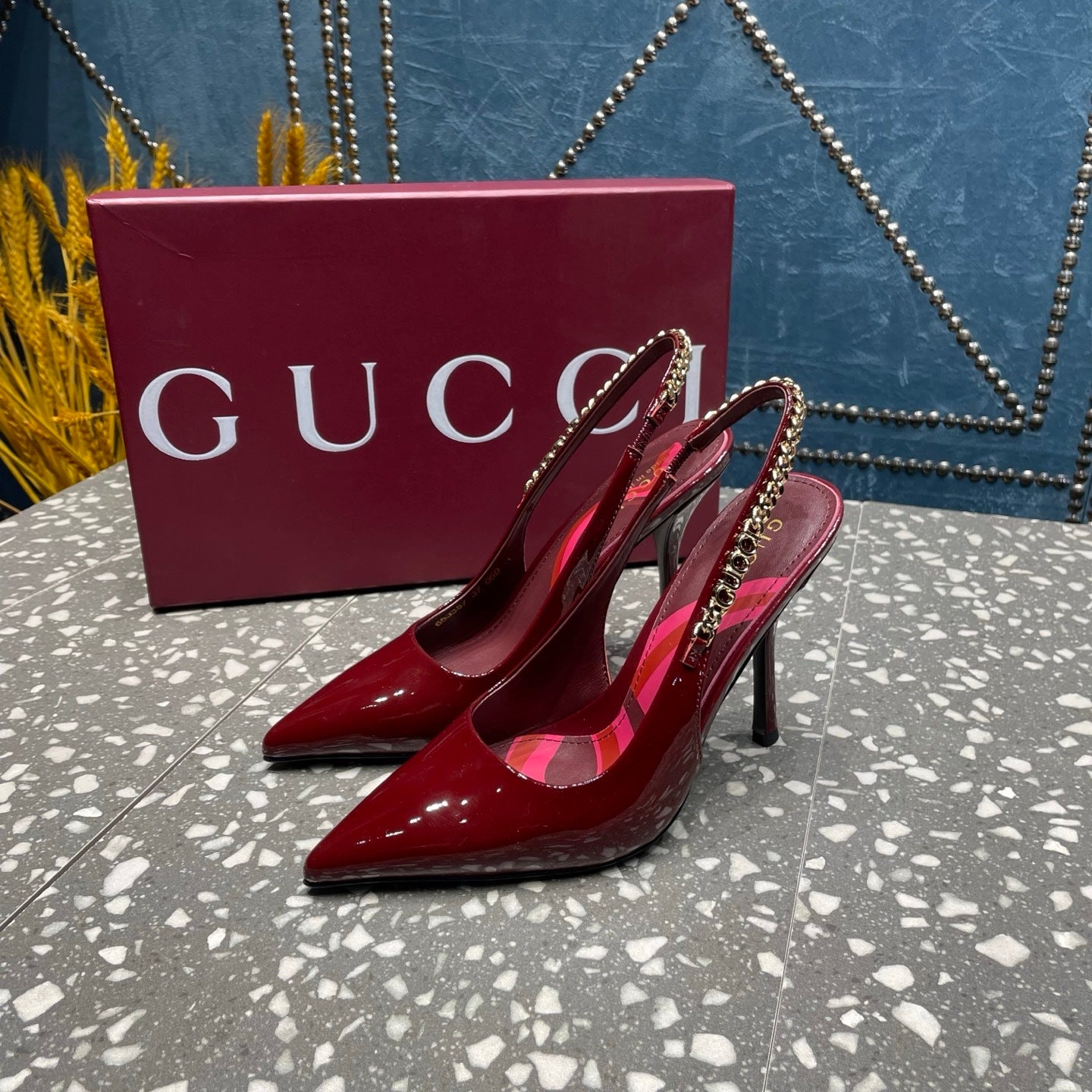 BURGUNDY PATENT CHAIN SLINGBACK PUMPS