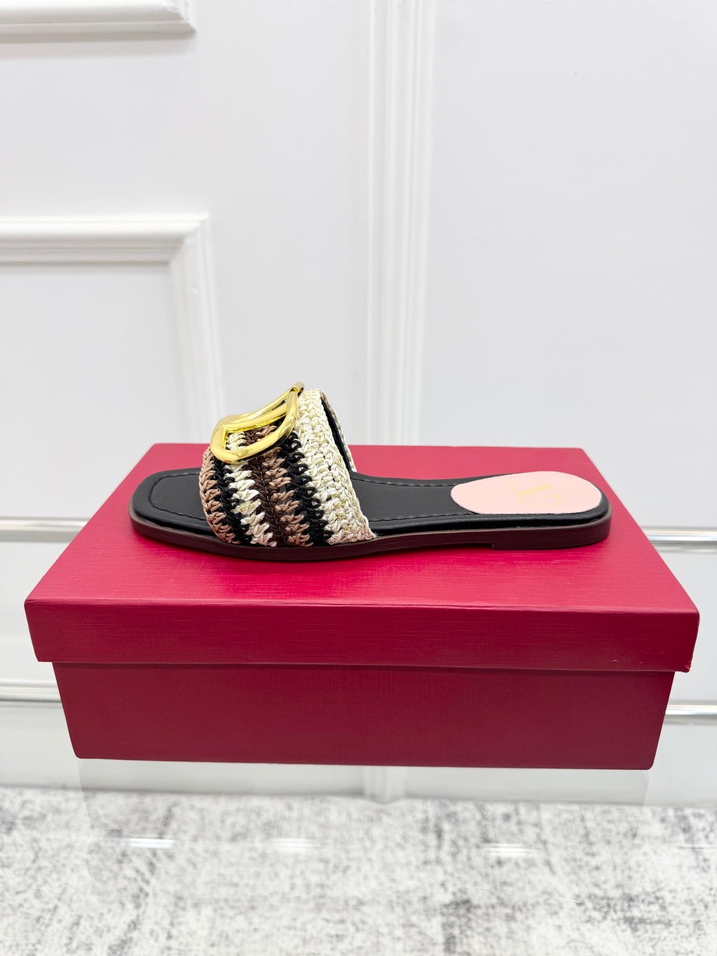 WOVEN STRAP FLAT SLIDES – NEUTRAL TONES WITH GOLD BUCKLE