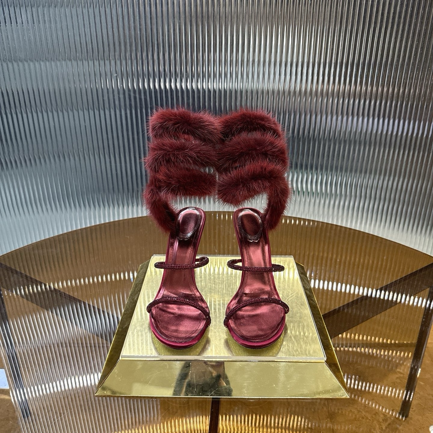BURGUNDY FUR SPIRAL STILETTO HEELS