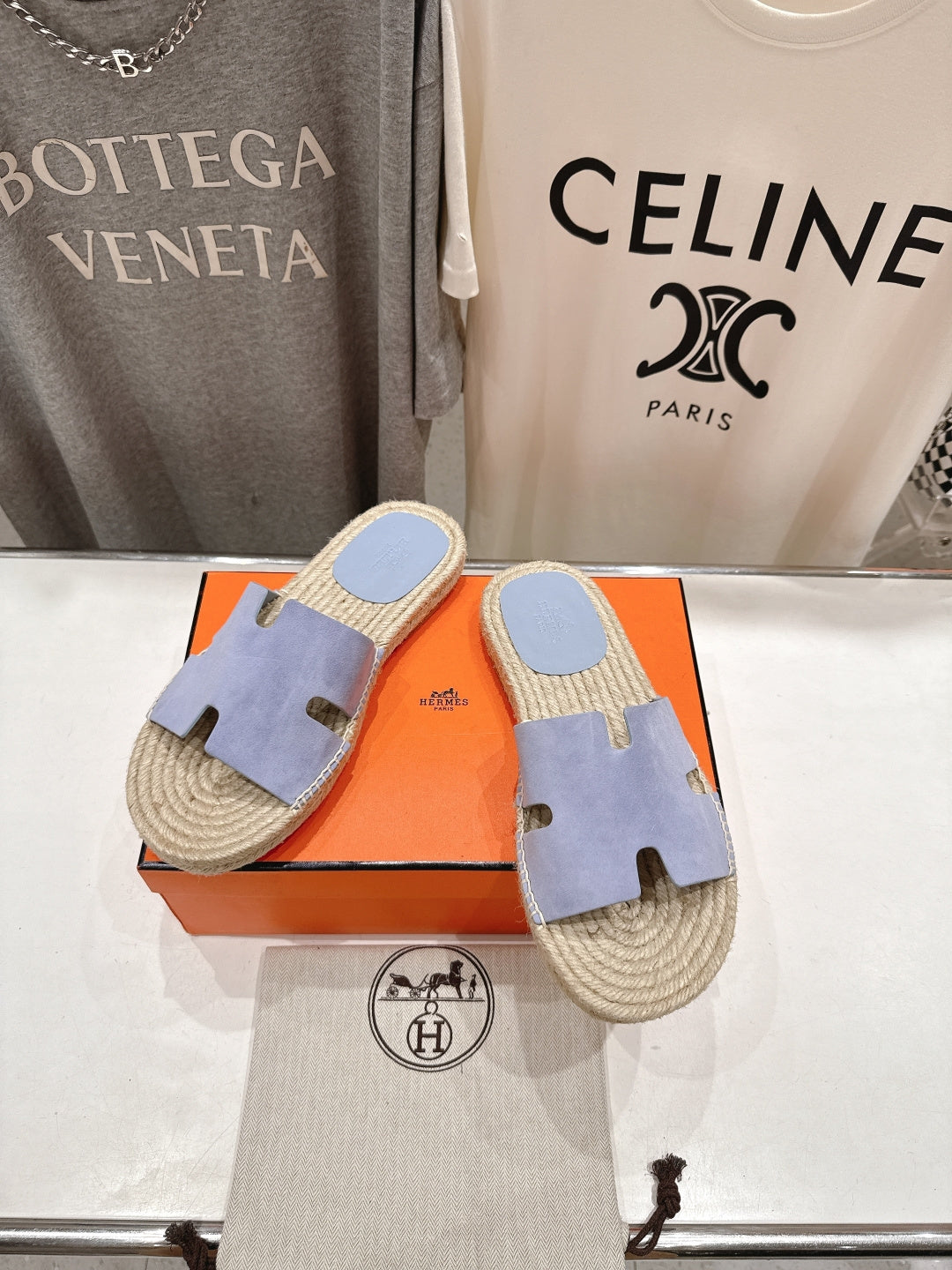 LIGHT BLUE ESPADRILLE STYLE SLIDE SANDALS