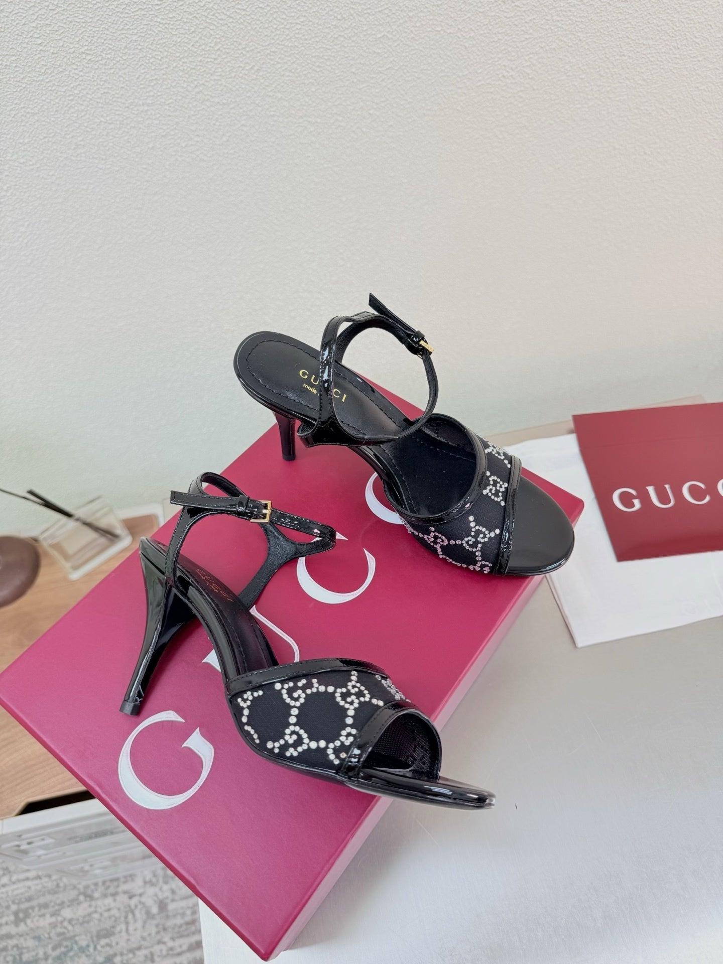 BLACK EMBELLISHED STRAPPY HEEL SANDALS