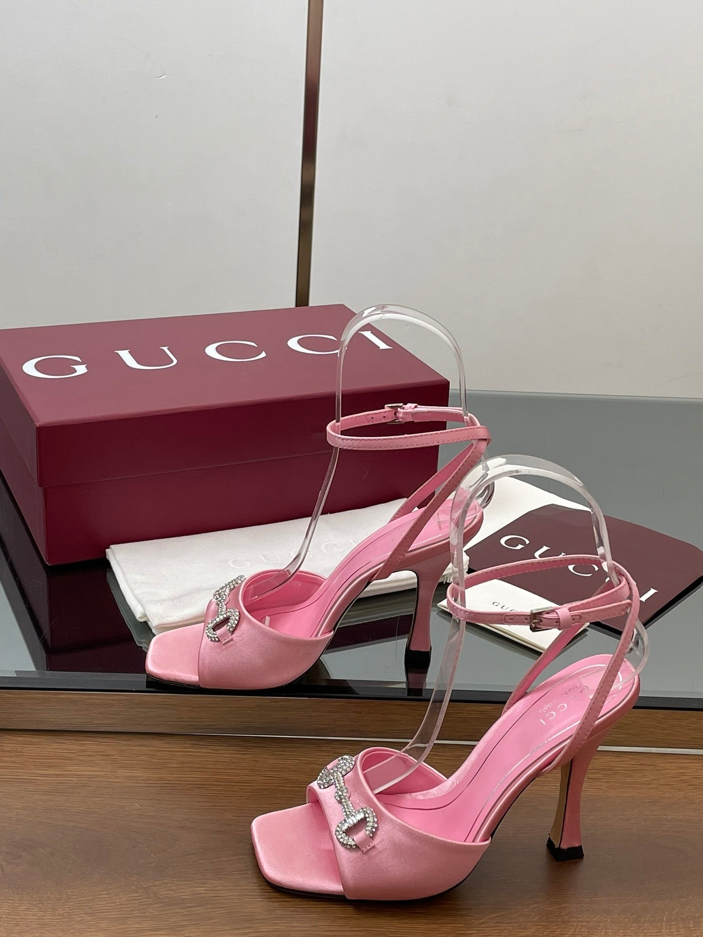 PINK CRYSTAL HORSEBIT STRAPPY HEEL SANDALS