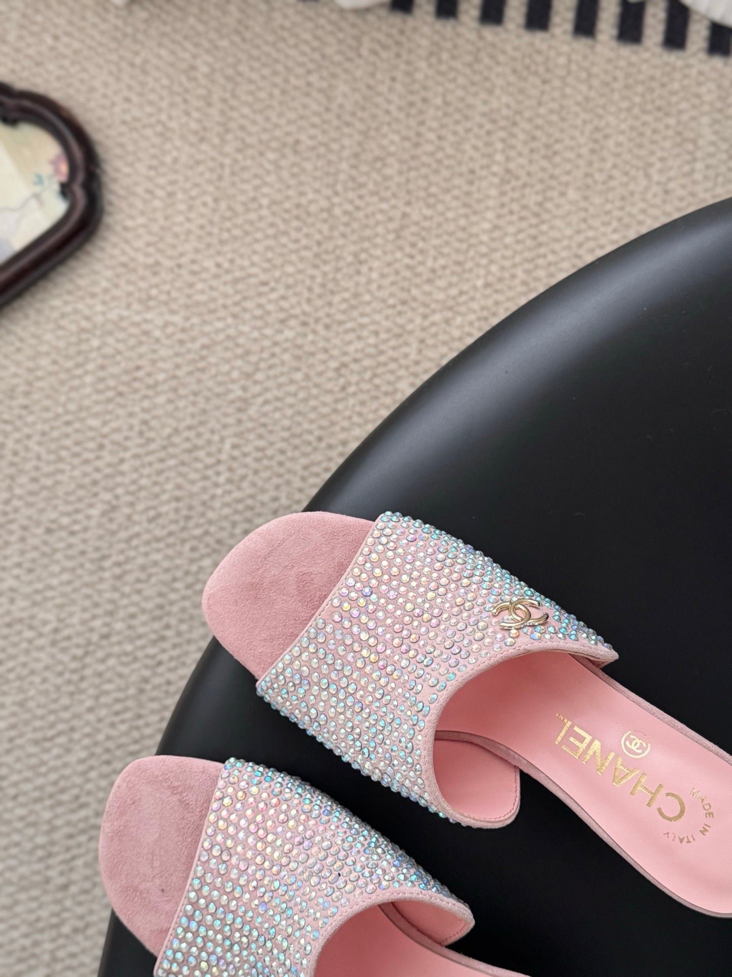 PINK RHINESTONE HEEL MULES