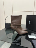 SLIM HEEL MID-CALF LEATHER BOOTS