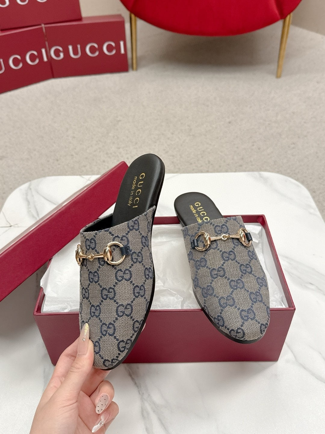 CANVAS MULE LOAFERS WITH GOLD HORSEBIT DETAIL