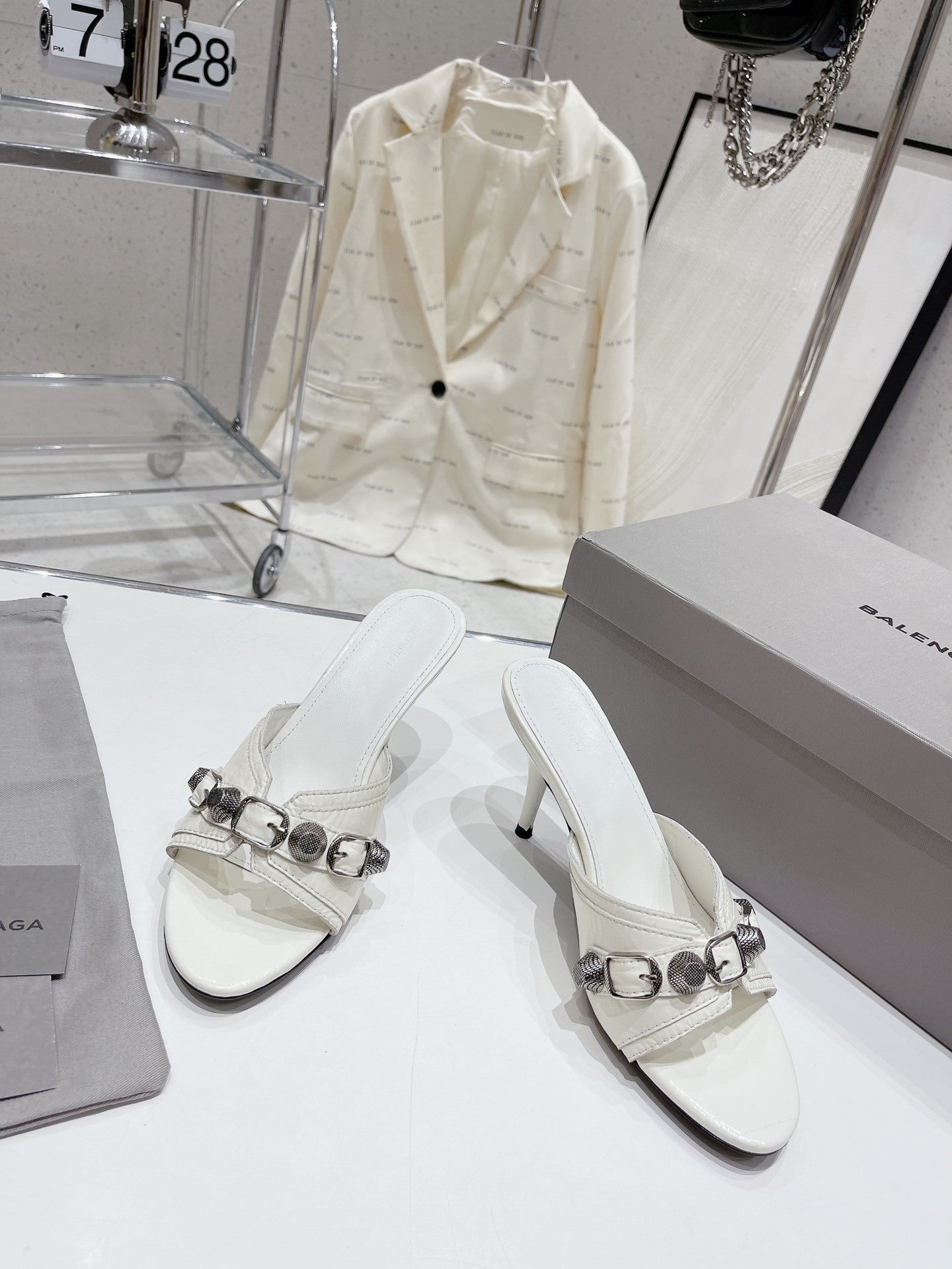 WHITE EMBELLISHED MID HEEL MULE SANDALS