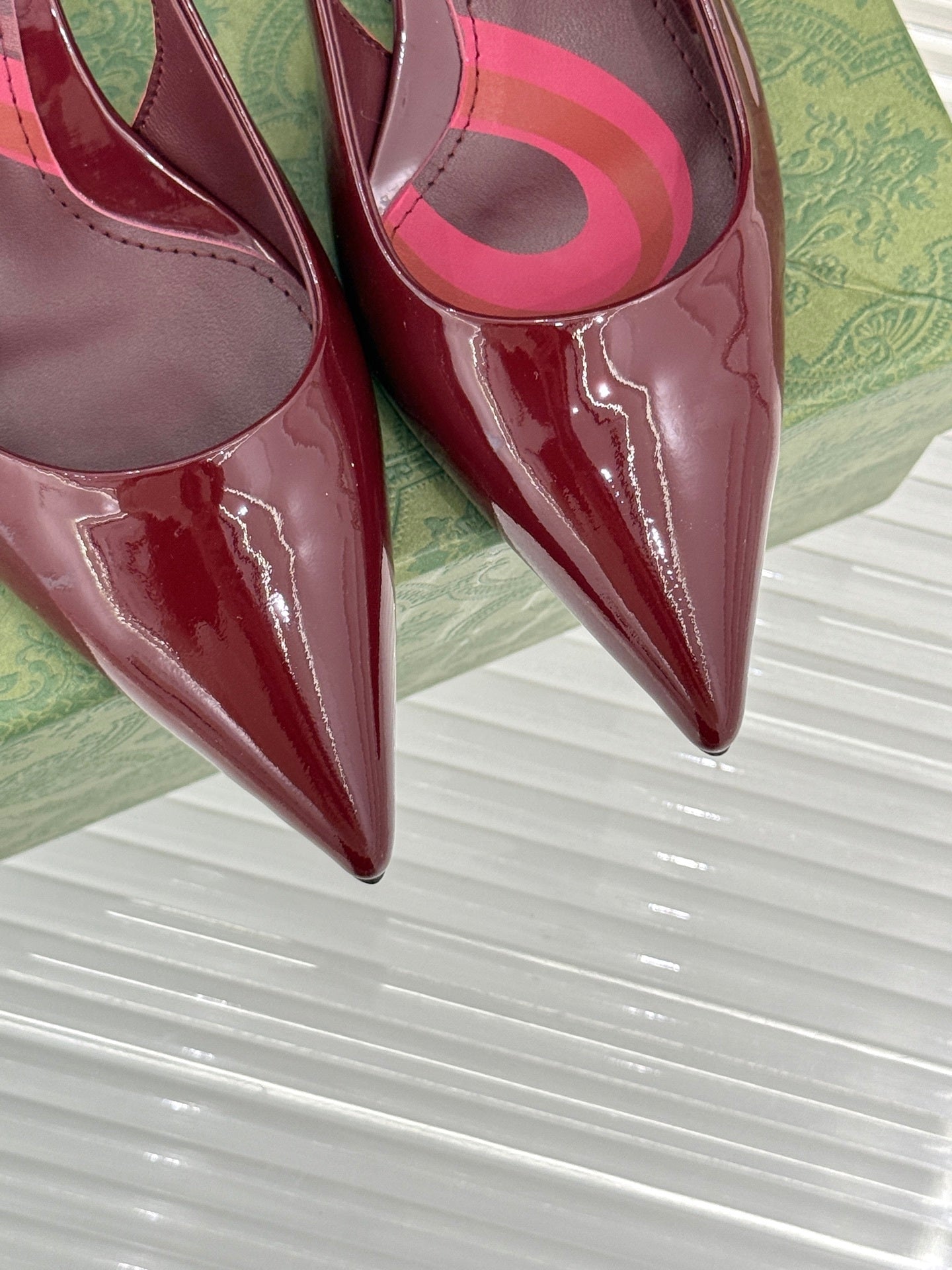 BURGUNDY PATENT CHAIN SLINGBACK HEELS