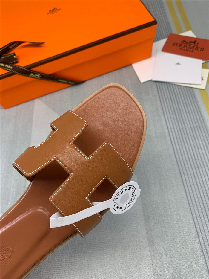 CARAMEL TAN H-CUT LEATHER SLIDE