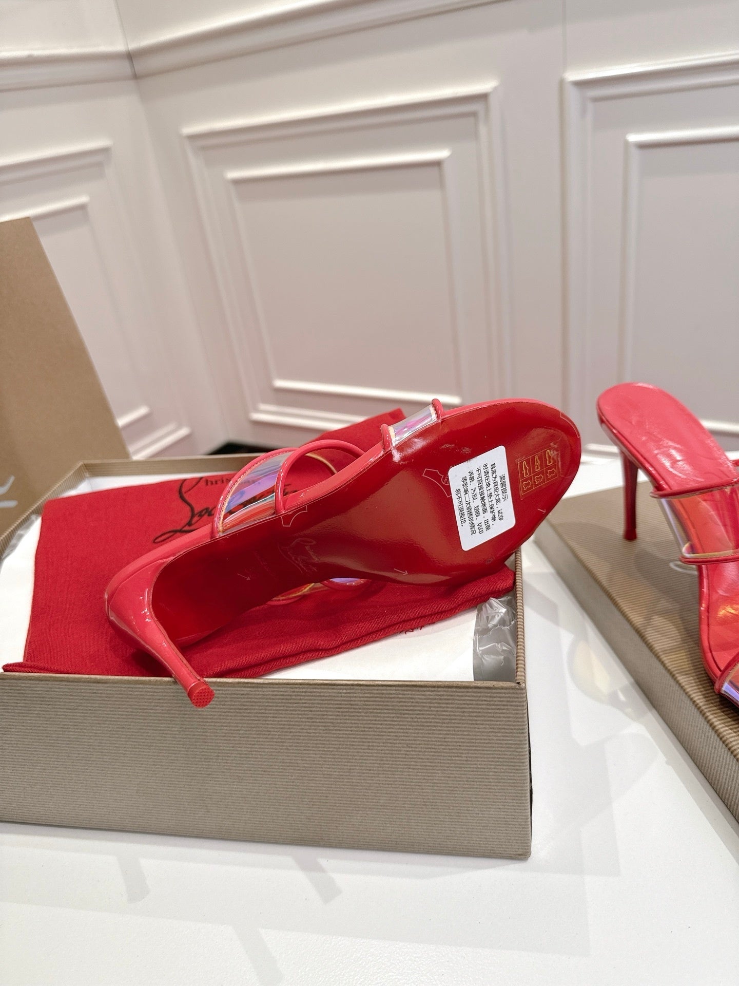 RED TRANSPARENT STRAP MULE HEELS