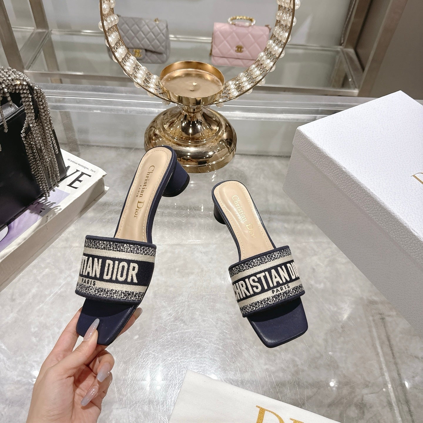 LOGO JACQUARD LOW HEEL SLIDE MULES