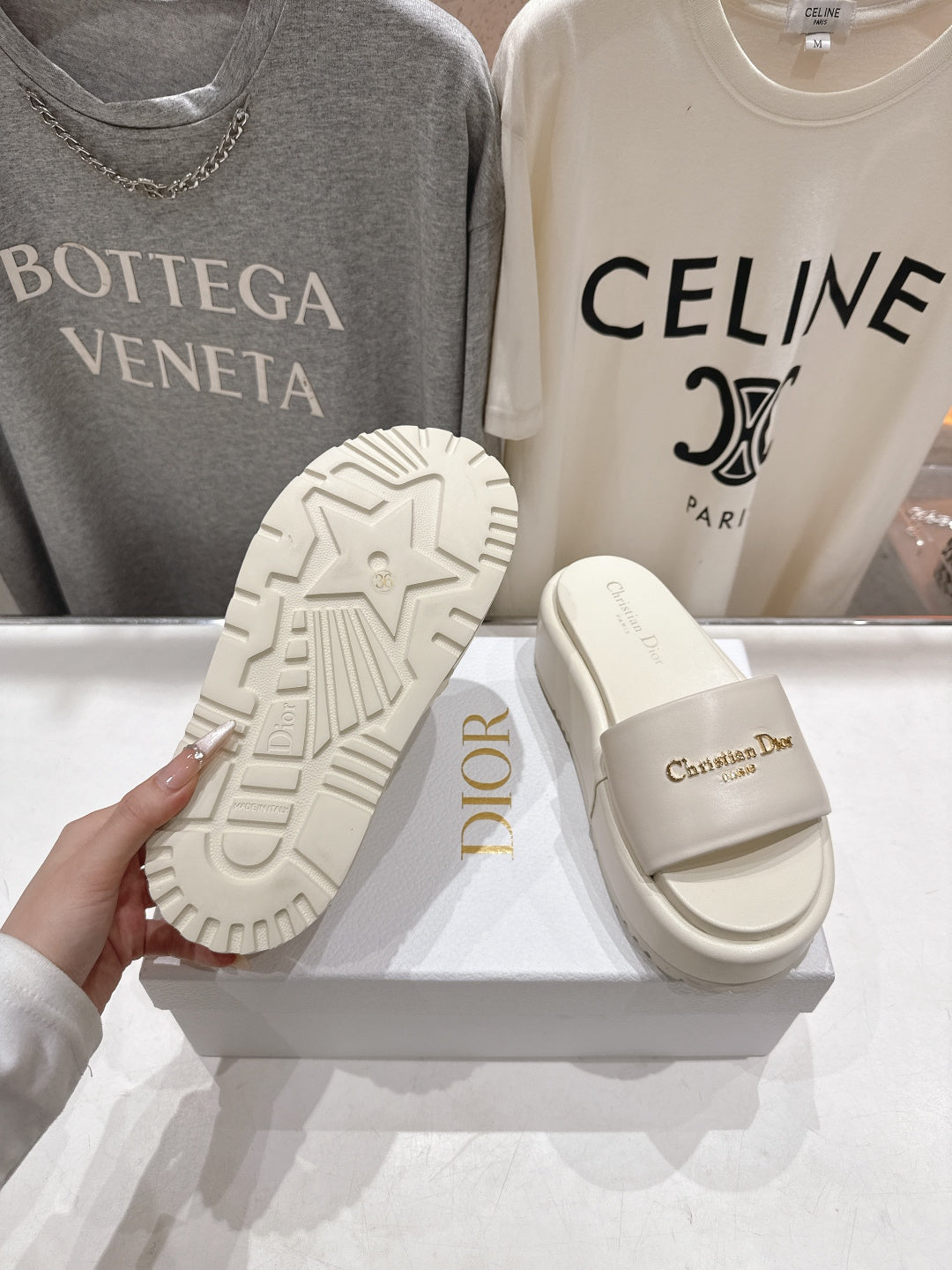 CREAM PLATFORM LOGO SLIDE SANDALS