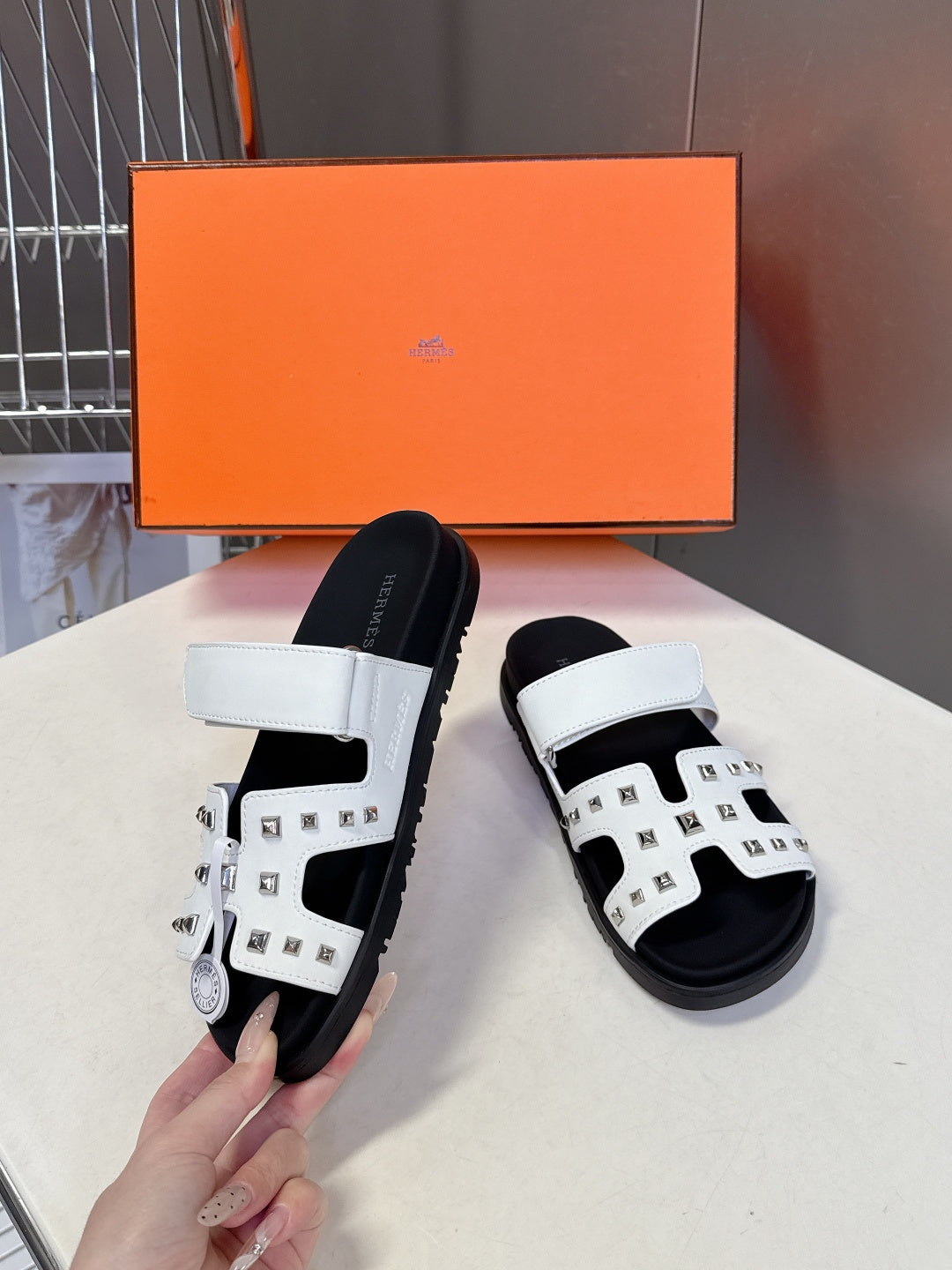 WHITE STUDDED SLIDE SANDALS