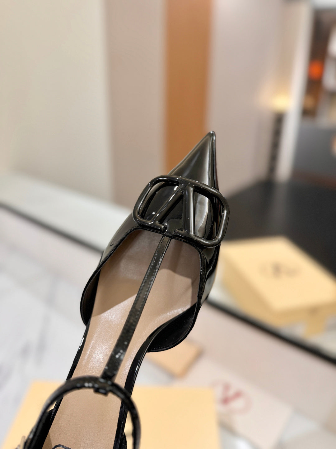 PATENT T-STRAP POINTED HEEL PUMPS – BLACK