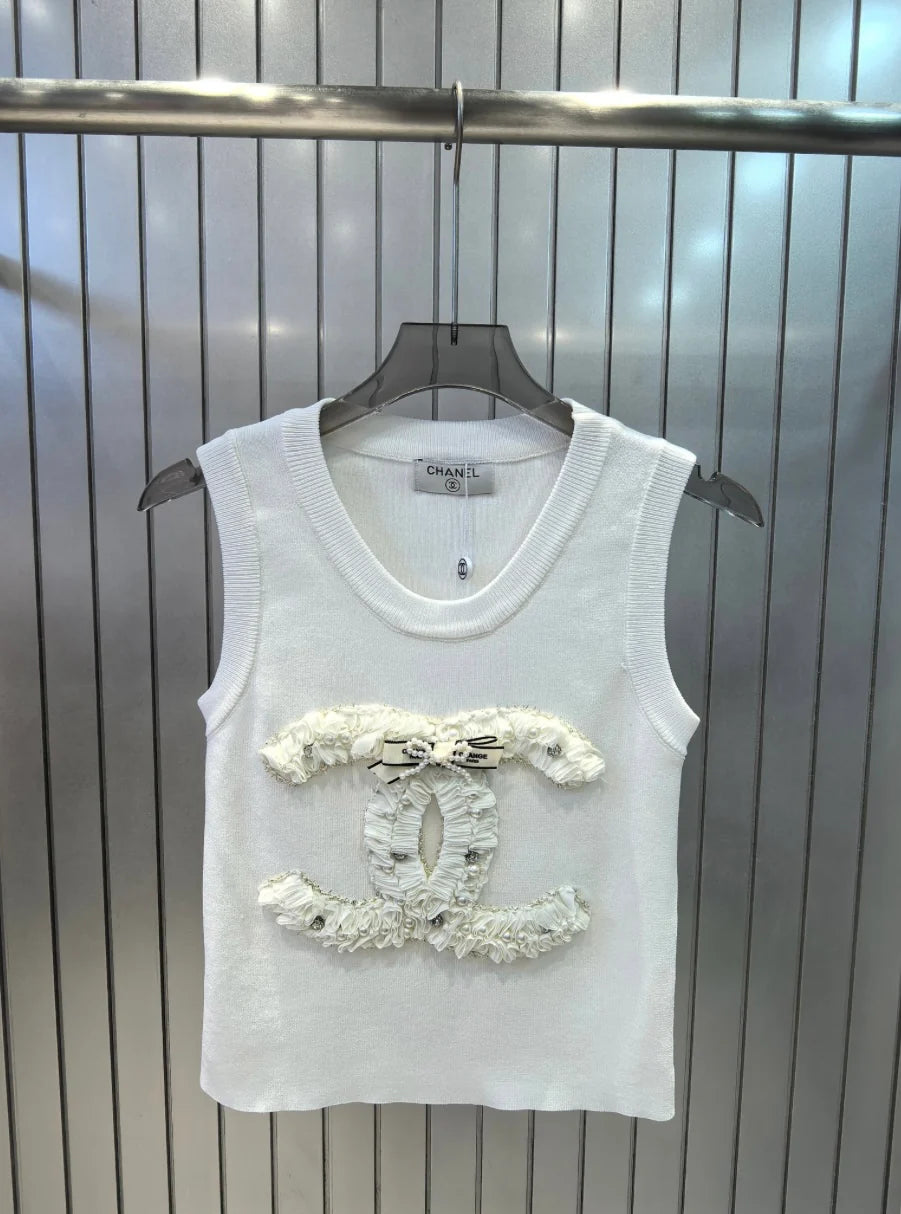 RUFFLED LOGO KNIT SLEEVELESS TOP