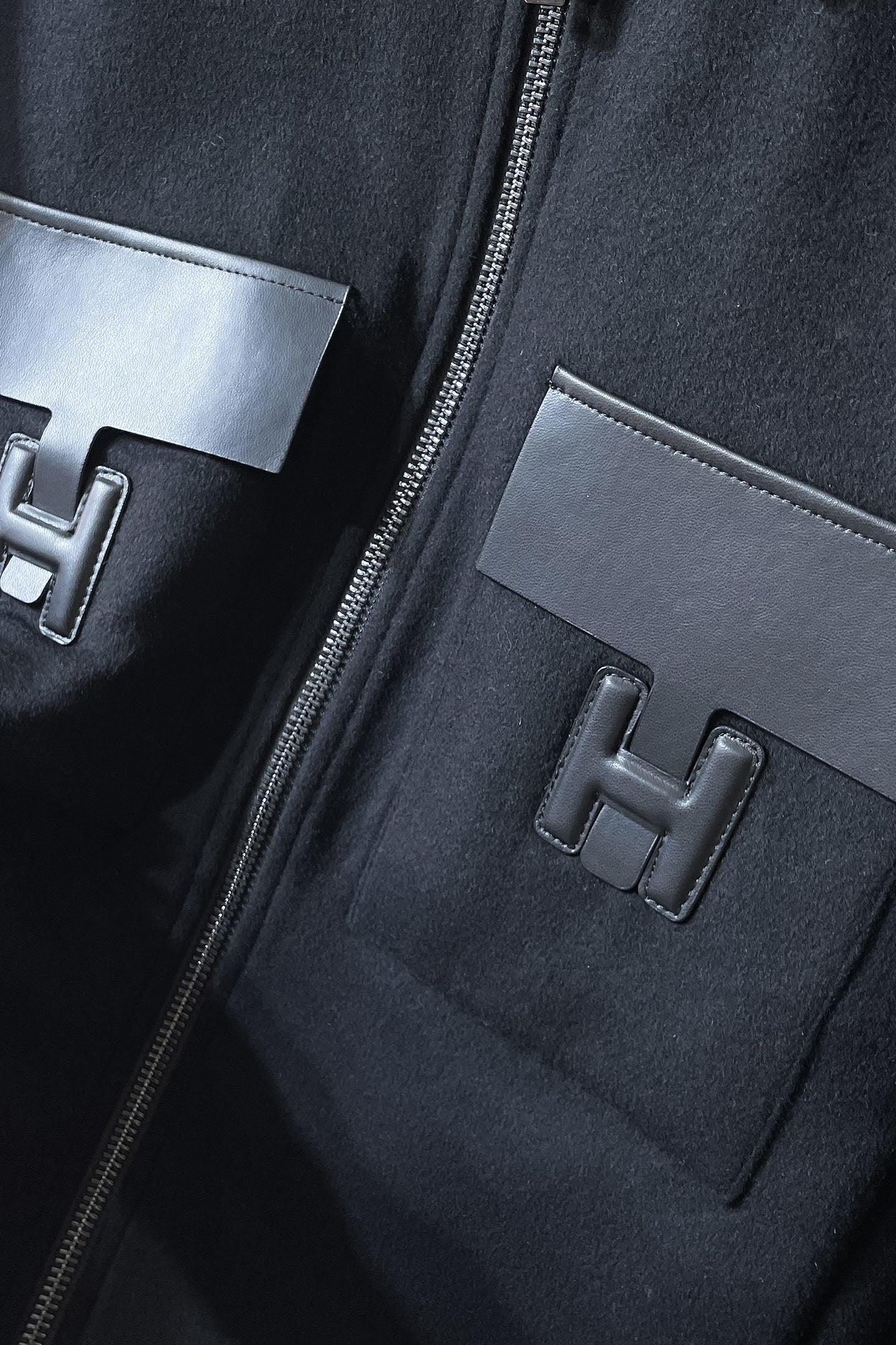 BLACK WOOL-BLEND JACKET WITH LEATHER DETAILS