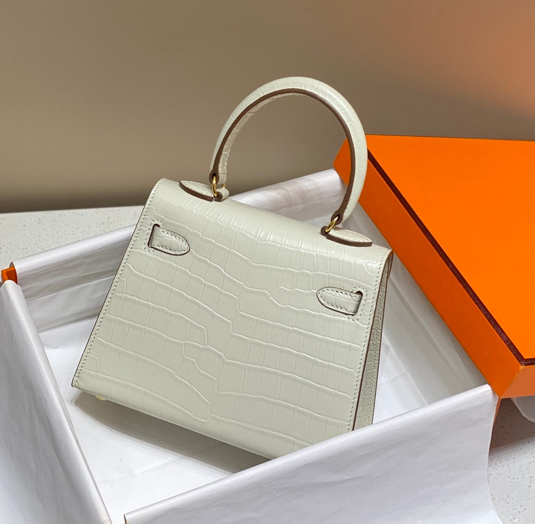 LUXURY WHITE CROCODILE EMBOSSED MINI TOP HANDLE HANDBAG WITH GOLD HARDWARE
