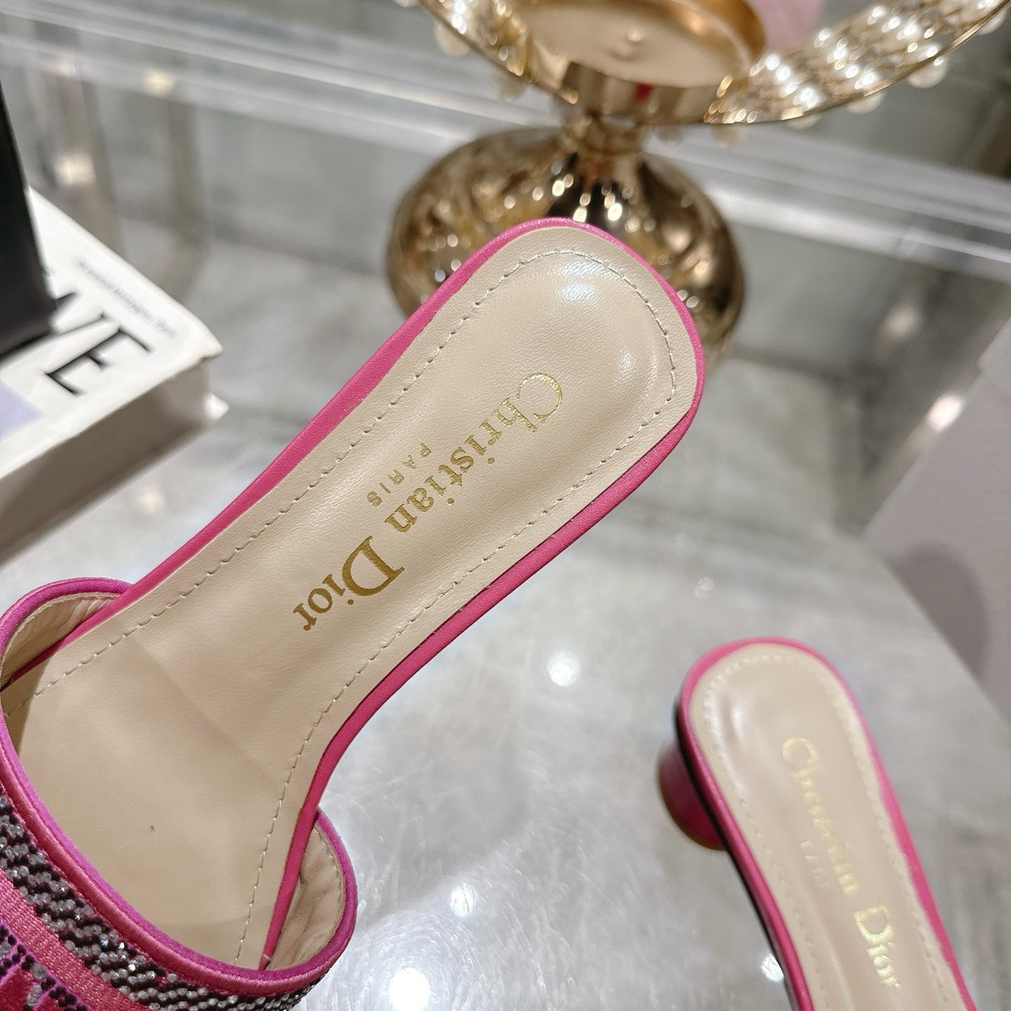 CRYSTAL EMBELLISHED LOGO JACQUARD LOW HEEL MULES – PINK
