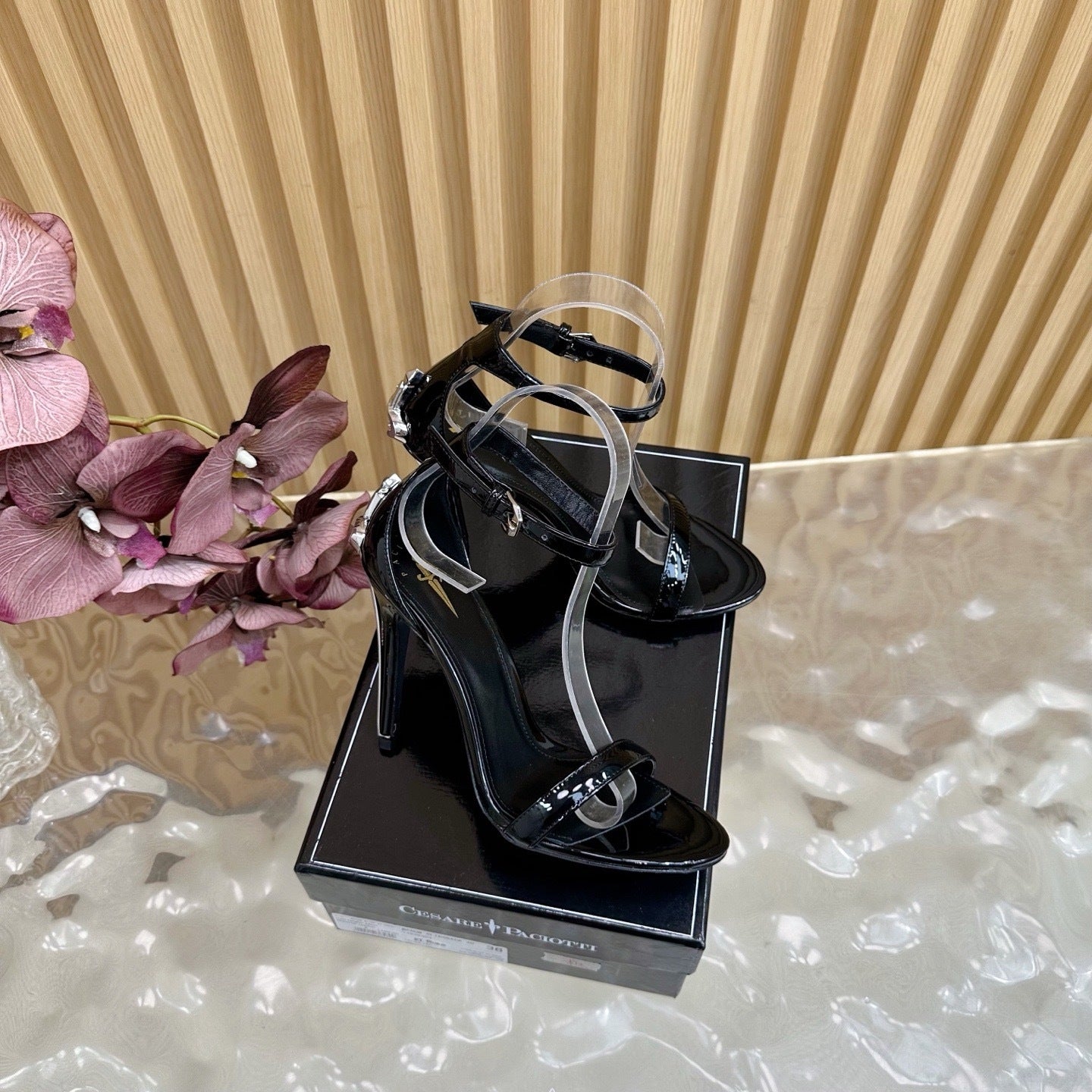 PATENT BLACK STILETTO SANDALS – CLASSIC GLAM EDITION