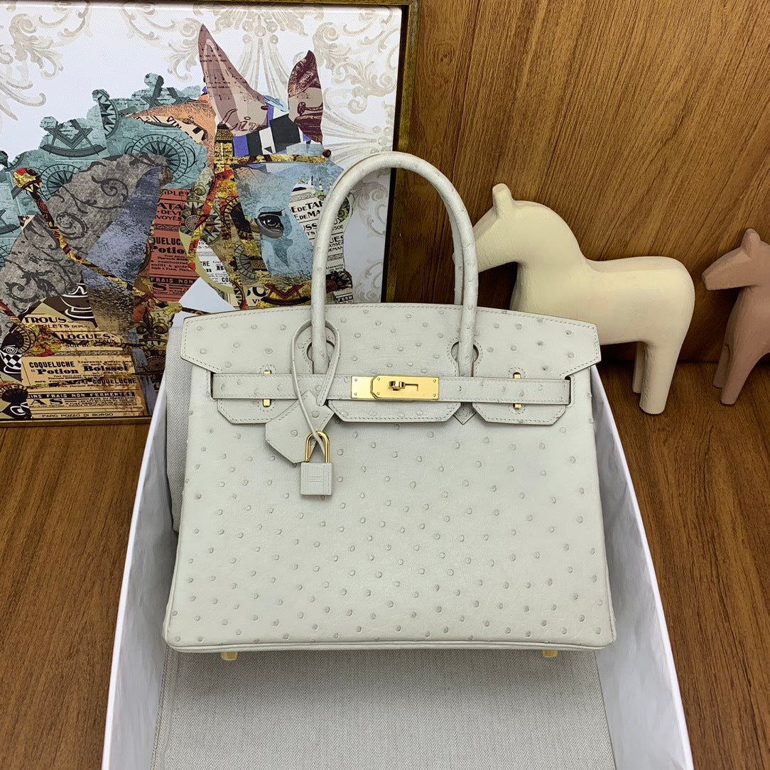LUXURY PEARL WHITE OSTRICH TEXTURED TOP HANDLE BAG