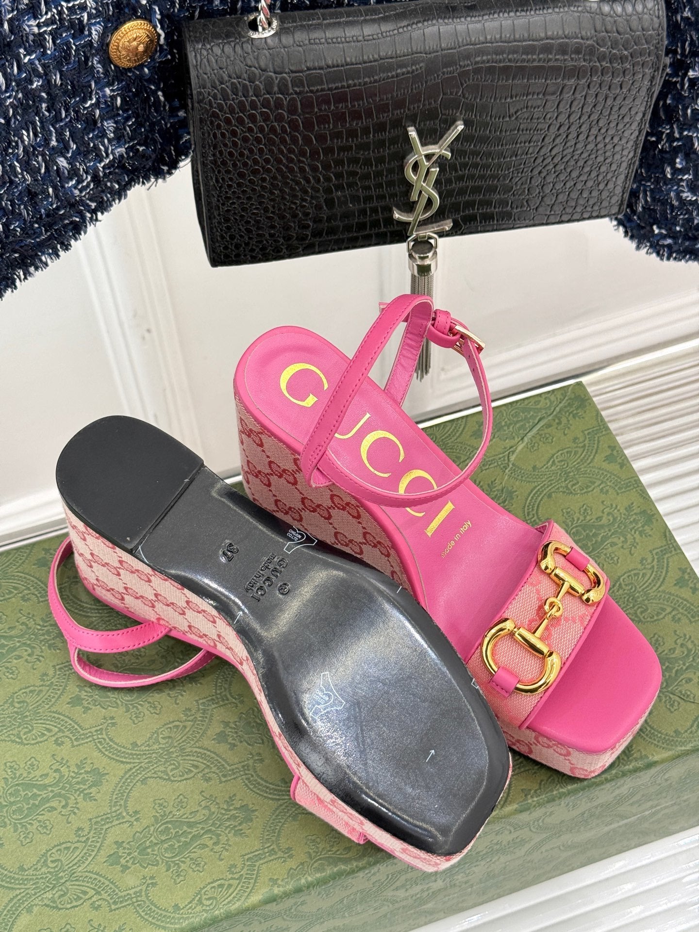 PINK MONOGRAM PLATFORM WEDGE SANDALS