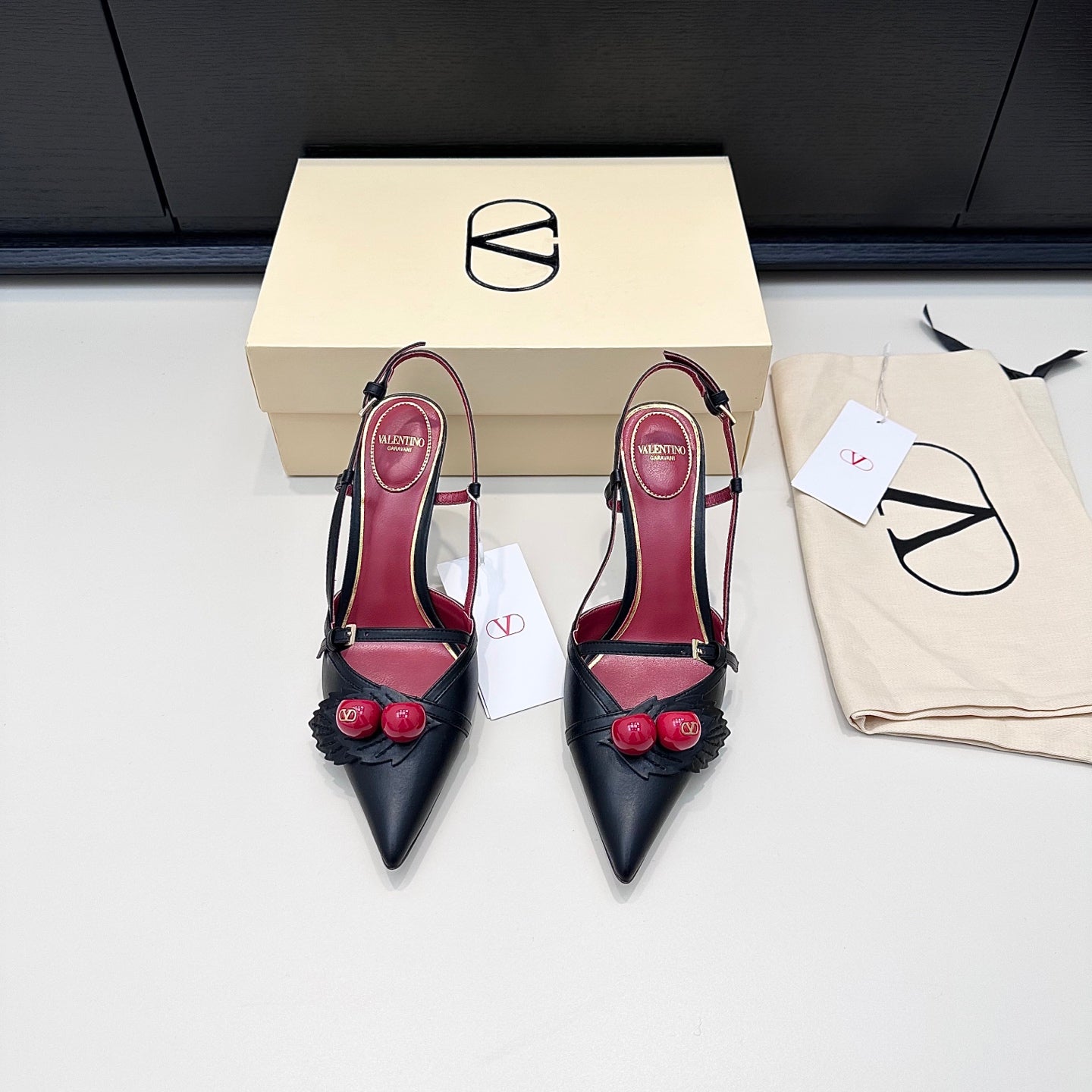 CHERRY EMBELLISHED T-STRAP POINTED HEEL PUMPS – BLACK